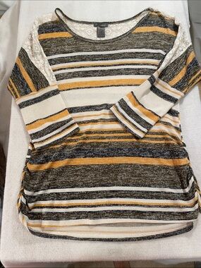 new directions Weekend Neutral Stripe Knit Top with Lace Yoke